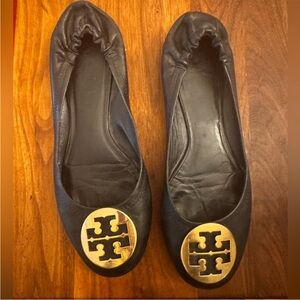 Tory Burch Black Leather Flats with Gold Logo